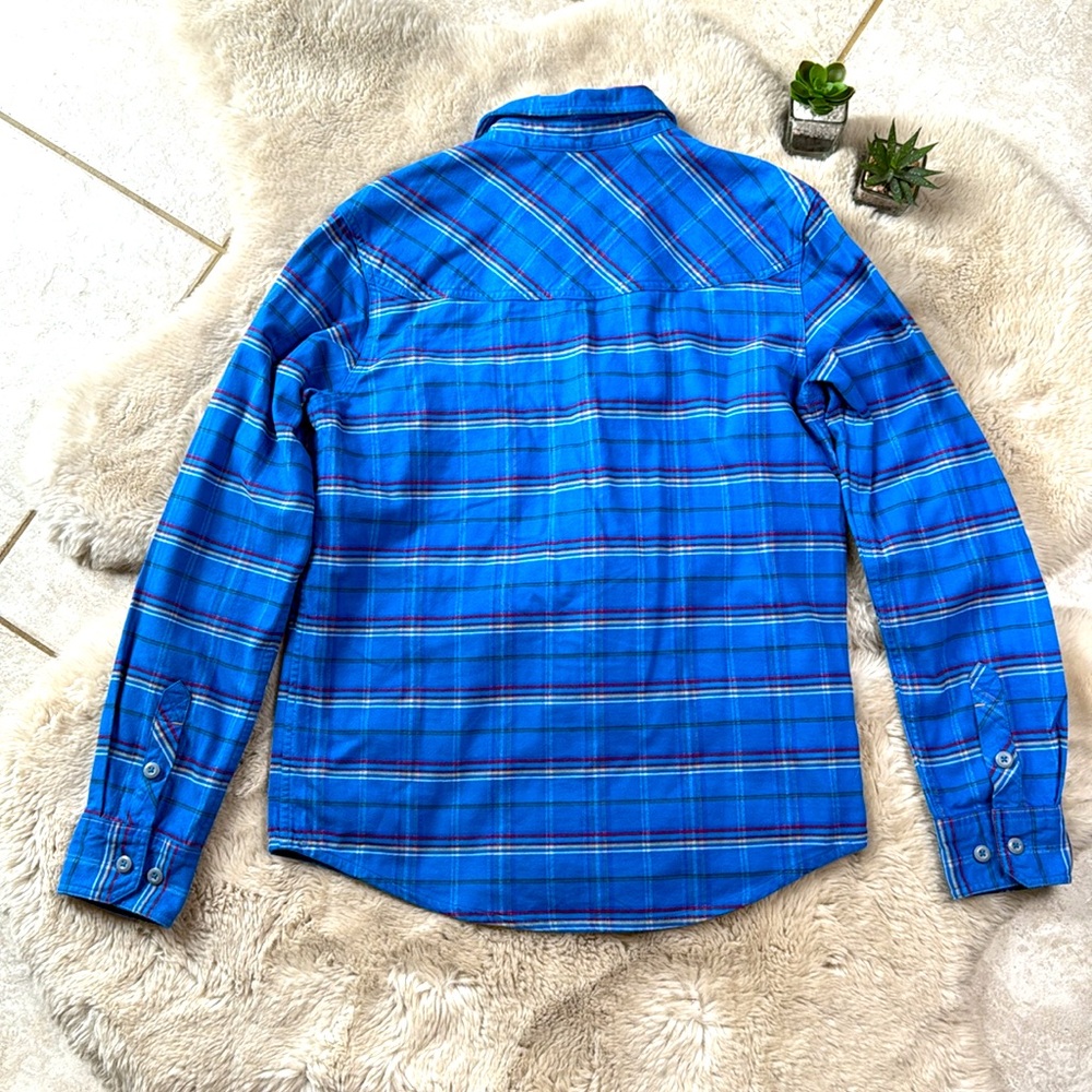 Stio Junction Midweight Flannel Shirt Plaid Small Organic Cotton Blue - Picture 3 of 12